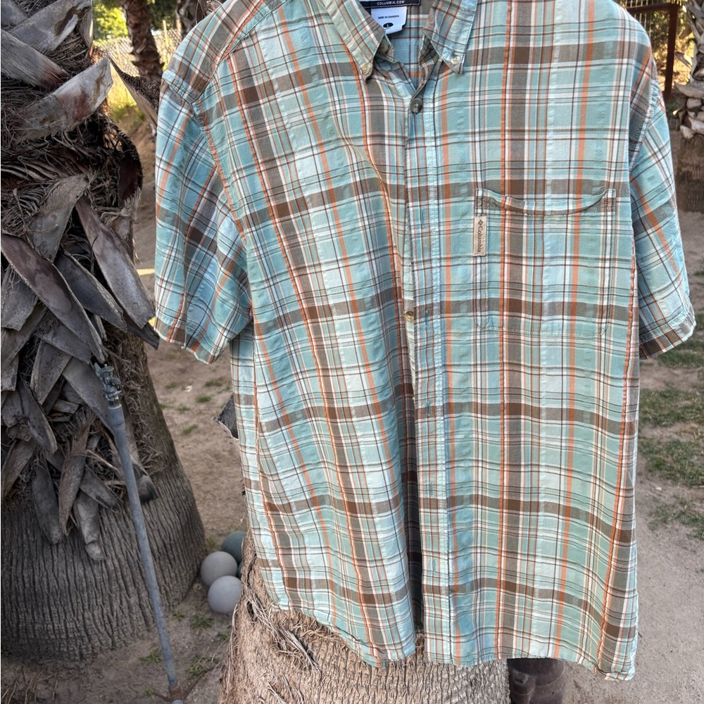 Columbia Men's Short-Sleeve Plaid Button-Down Shirt - Light Blue & Brown